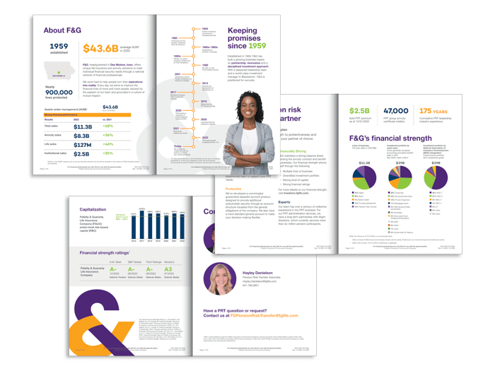 pages of various PRT brochures featuring F&G brand-colored graphs, statistics, and details about the company